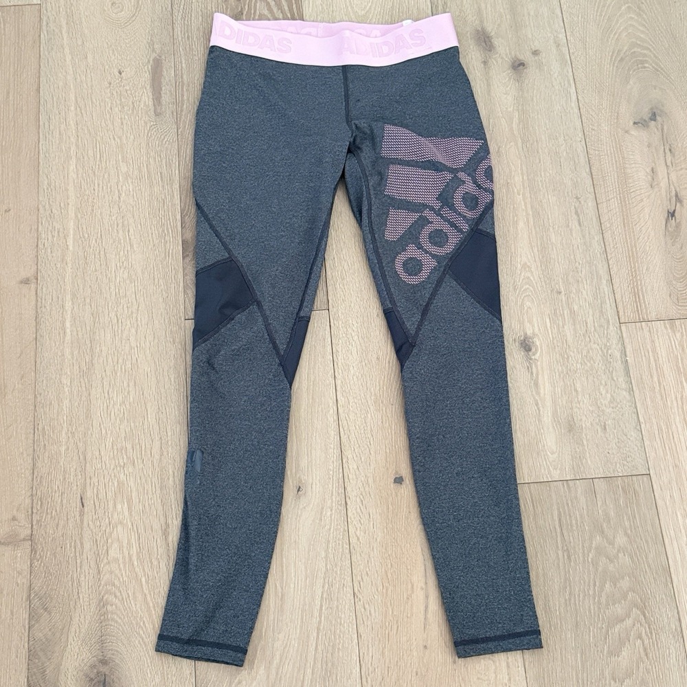Adidas‎ Alphaskin Sport Compression Leggings Gray And Pink Logo Size M